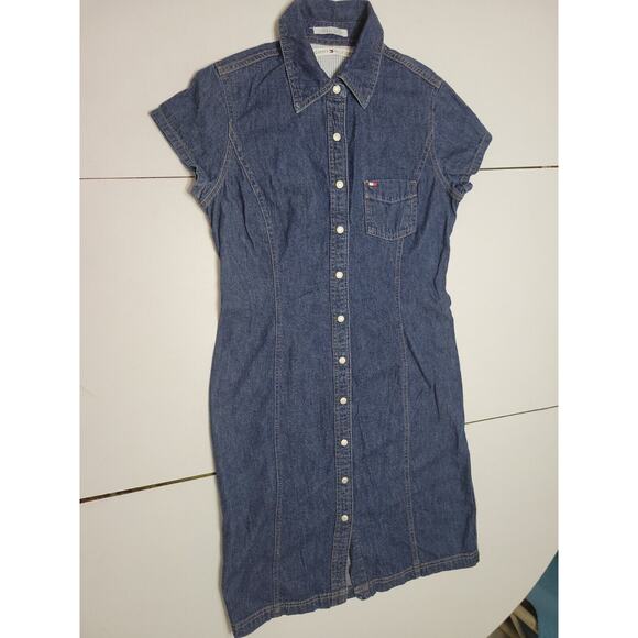 Tommy Hilfiger Women Petite Small 4 Dress Blue Jean Pocket Silver Button Up - Picture 1 of 12